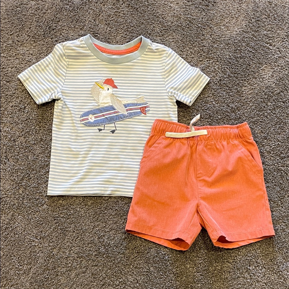 Tommy Bahama 12m Striped Toddler Tee with Seagull Design and Orange Shorts